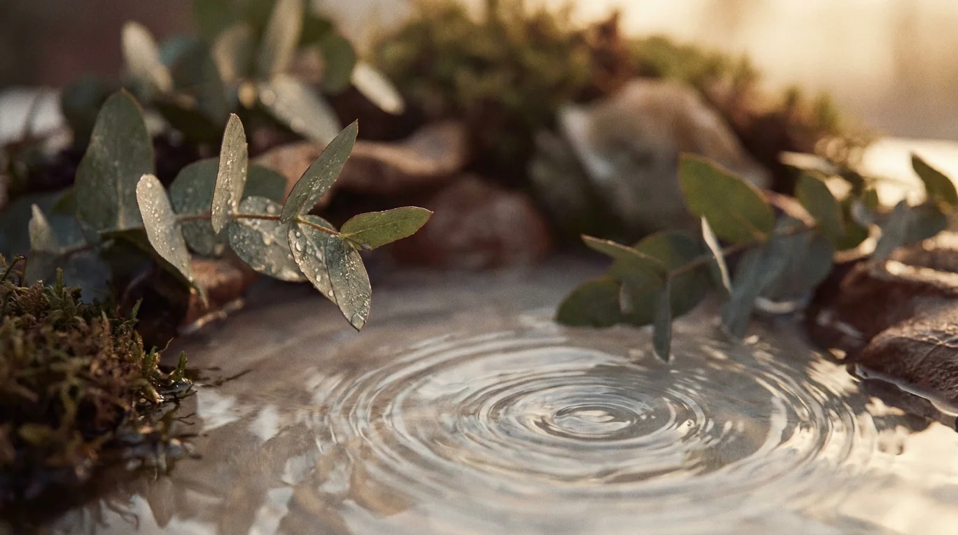 Dew drops on eucalyptus leaves beside a rippling pool